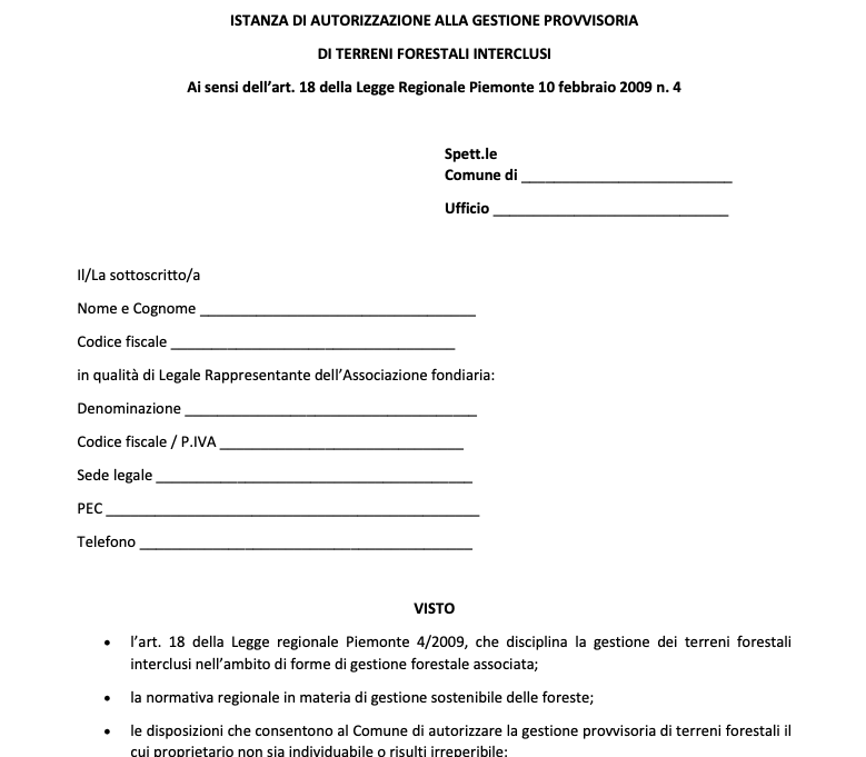 Fac simile di istanza di gestione provvisoria terreni forestali silenti interclusi ai sensi della Legge regionale n. 4/2009