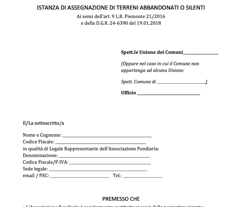 Fac simile di istanza di assegnazione di terreni abbandonati o silenti ai sensi della Legge regionale n. 21/2016